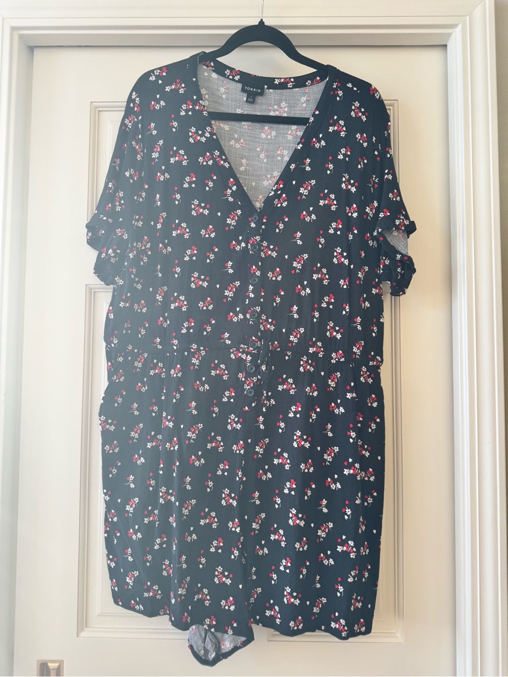 Torrid Black Floral V-Neck Button Romper